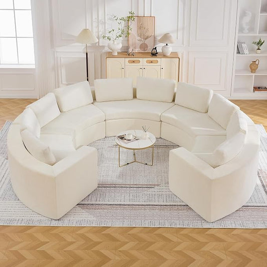 WUTUTUEE 145'' Curved Round Boneless Couch, Oversized U Shaped Sofa with Deep Seat & Arms, Chenille Modular Sectional Sofa with Pillows, Upholstered Comfy 10 Seat Couch for Living Room, White