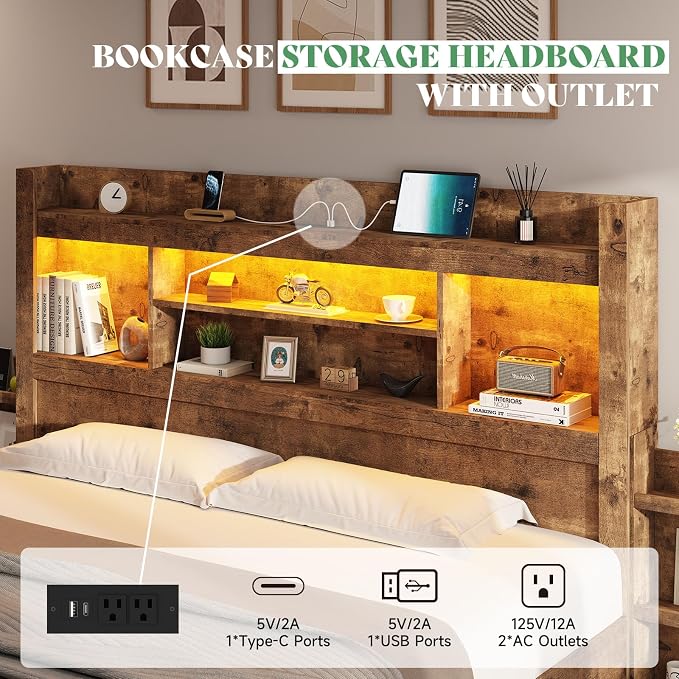 AMERLIFE Queen Bed Frame with 4 Storage Drawers, Wood Bed Frame with 49.6" Tall Bookcase Headboard, LED Platform Bed with Charging Station & 2 Slide Bedside Shelf, No Box Spring Needed/Rustic Brown