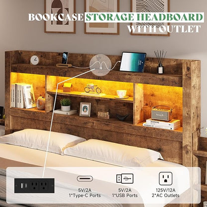 AMERLIFE King Size Bed Frame with 4 Storage Drawer & 2 Slide Bedside Table, Wood Bed Frame with 49.6" Tall Bookcase Headboard, LED Platform Bed with Charging Station, No Box Spring Needed/Rustic Brown