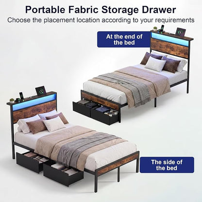 Twin Bed Frame with 2 Drawers and Storage Headboard, Metal Platform with LED Lights and Charging Station, No Box Spring Needed, Noise Free, Easy Assembly