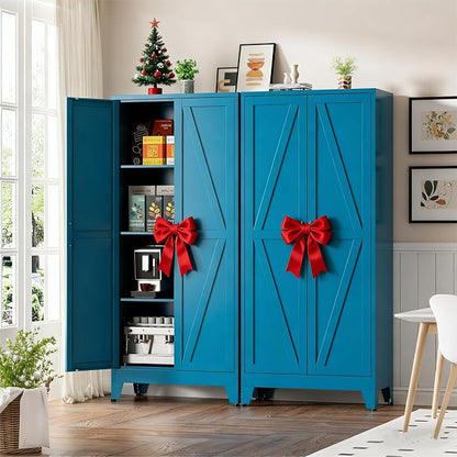 Blue Metal Kitchen Pantry Cabinet, 61" Tall Farmhouse Storage Cabinet with 2 Vintage Barn Doors and 4 Adjustable Shelves, Rustic Freestanding Cupboard for Kitchen,Home Office Living Room,Dining Room