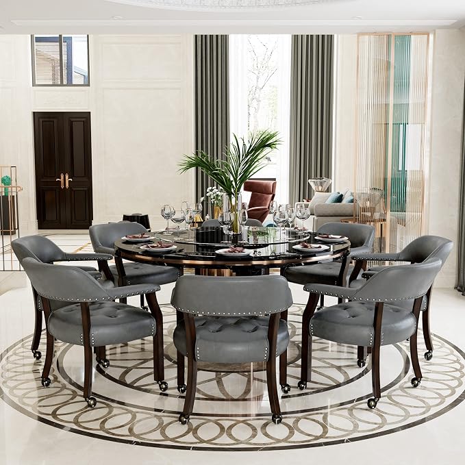 LEEMTORIG Set of 4 Large Dining Chairs with Casters and Arm, Rolling Dining Chairs with Wheel, Poker Table Chairs, Boss Caption's Chair, 26"D x 25.2"W x 31.5"H, Espresso Legs & Dark Grey, XXY-1910-DG