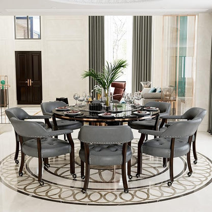 LEEMTORIG Set of 8 Large Dining Chairs with Casters and Arm, Rolling Dining Chairs with Wheel, Poker Table Chair, Boss Caption's Chair, 26"D x 25.2"W x 31.5"H, Espresso Legs & Dark Grey, XXY-1910-DG