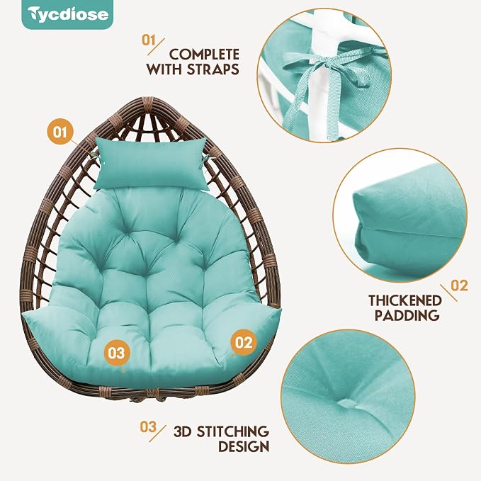Outdoor Hanging Egg Chair Cushion Replacement, Thicken Egg Chair Cushion Waterproof Basket Eggs Chairs Cushion with Headrest Pillow, U-Shaped Cushions for Hanging Eggs Chairs Swing (Teal)