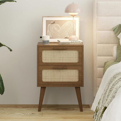 YAUKOMEL Rattan Nightstand Set of 2,Mid Century Modern Bedside with Drawers,End Table, Side Table with 2 Hand Made Rattan Decorated Drawers for Livingroom,Bedroom,Caramel Oak CTG59BR-2