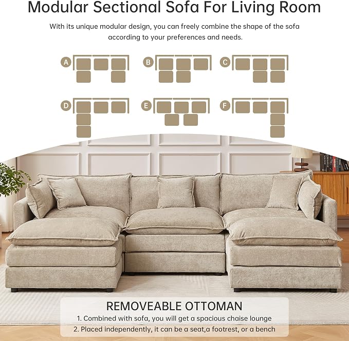 HIPIHOM Modular Sectional Sofa, 112.2 Inch U Shaped Couch Set with Armrests, 3-Seater Comfy Cloud Couches for Living Room Apartment, Coffee