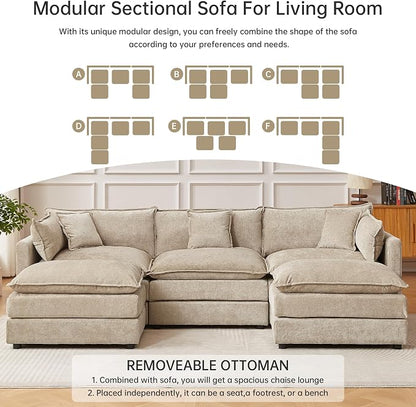 HIPIHOM Modular Sectional Sofa, 112.2 Inch U Shaped Couch Set with Armrests, 3-Seater Comfy Cloud Couches for Living Room Apartment, Coffee