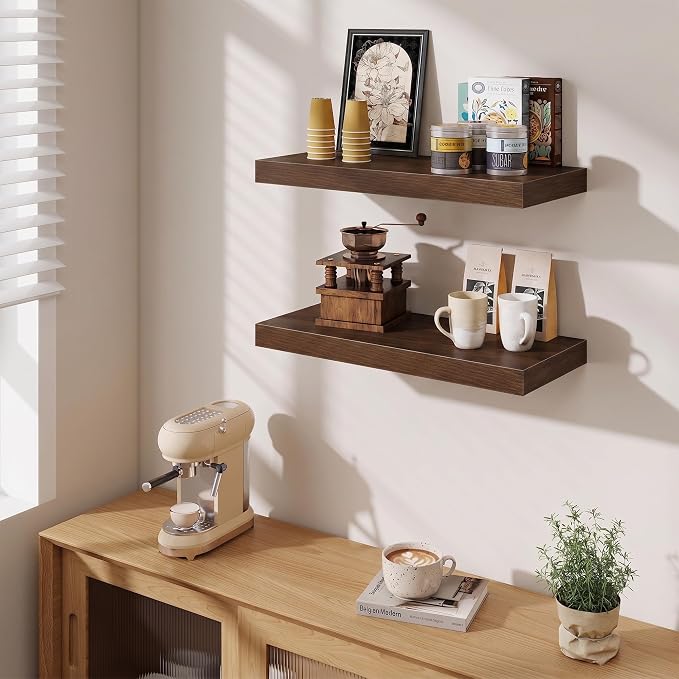 Fun Memories 24 x 10 Floating Shelves Wall-Mounted - Rustic Wood Shelf - 10 Inch Deep Floating Shelves for Wall - Large Storage Shelf for Bathroom - Kitchen & Bedroom - Walnut - Set of 3