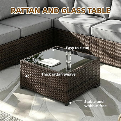 MOCHITO 5 Pieces Outdoor Patio Furniture Sets, All-Weather Sectional Sofa Dark Brown PE Rattan Wicker Conversation Set with Glass Table and Washable Grey Cushions for Backyard,Sunroom,Garden,Porch