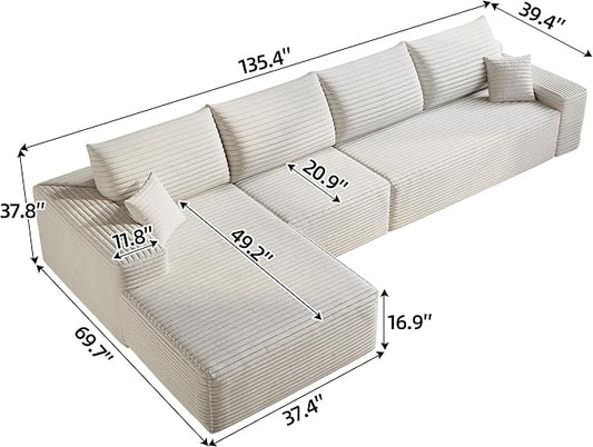 135" Corduroy Couch Sectional with Chaise, L Shape Boneless Cloud Couches for Living Room Bedroom, Modular Corner Couch, Fluffy Deep Seat Compression Sofa, Left Facing Chaise, No Assembly, White