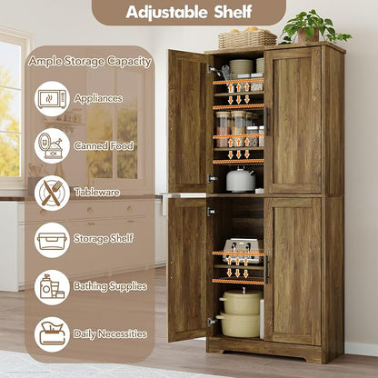 Garvee Modern Tall Pantry Cabinet – Freestanding Kitchen Storage Cupboard with 4 Doors & 3 Adjustable Shelves – Versatile for Living Room, Dining Room, Bathroom, Laundry, Utility – Barnwood Finish
