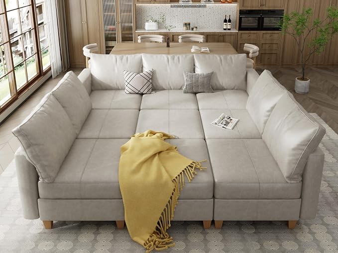 EASE MOOSE Modular Sleeper Sofa Sectional Couch with Storage, Faux Leather Modular Sofa Bed Sectional Sofa for Living Room Beach White