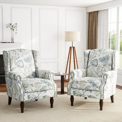 High Back Accent Chair, Fabric Upholstered Armchair Floral Wingback Chair for Living Room, Comfy Single Sofa Bedroom Reading Seat with Solid Wood Legs - Plants Blue