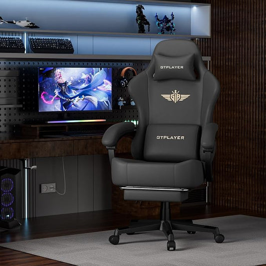 GTPLAYER Gaming Chair with Pocket Spring Cushion, Big and Tall Gamings Chairs 350LBS High Back Computer Chair with Footrest for Adults Lumbar Support Swivel Game Chair for Office, Leather Black