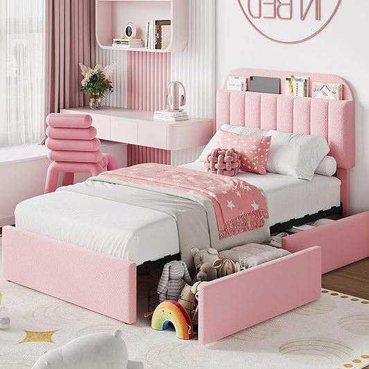IDEALHOUSE Twin Bed Frame for Kids, Boucle Upholstered Platform Bed for Girls with 2 Flexible Drawers, Bookcase Headboard, Noise-Free, Easy Assembly, No Box Spring Needed, Pink