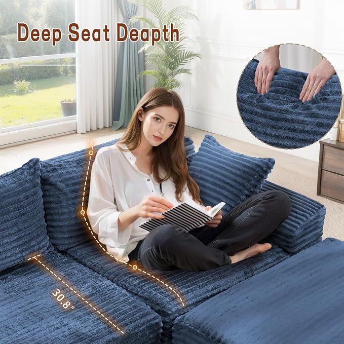 Korser 108" L-Shaped Modular Sectional Sofa with Chaise, Boneless Comfy Corduroy Fluffy Couch with Deep Seat and Side Pockets, Flexible Module Combination for Living Room, No Assembly, Side Pockets
