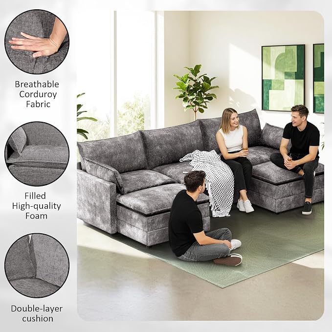 LEVELEVE 112.5" U-Shape Modular Sofa with 2 Ottomans, Deep Seat Cloud Convertible Sleeper, 2 Arm Pillows, Cozy Upholstered Furniture for Living Room Apartment, Dark Grey