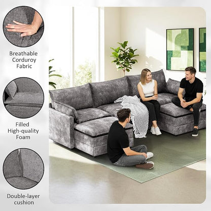 LEVELEVE 112.5" U-Shape Modular Sofa with 2 Ottomans, Deep Seat Cloud Convertible Sleeper, 2 Arm Pillows, Cozy Upholstered Furniture for Living Room Apartment, Dark Grey
