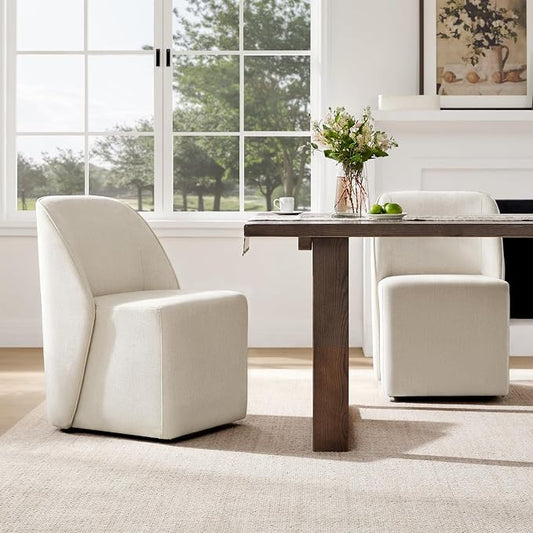 Watson & Whitely Modern Rolling Dining Chairs with Casters, Set of 2, Linen | Upholstered Seat, Removable Rollers, Fabric Armless Chairs for Dining Room, Living Room, Bedroom