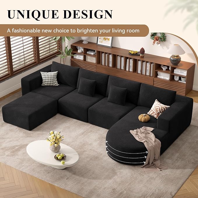 134" Boneless Couches for Living Room,Large U-Shaped Modular Sectional Sofa with Convertible Ottoman,Modern Cozy Cloud Couch in a Box,Sponge Compression Deep Seat Sofas with Chaise,Black,1pcs
