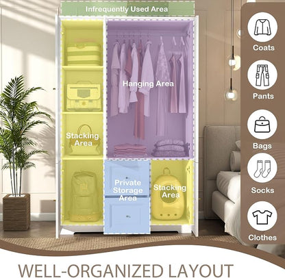 Armoire Wardrobe Closet with Drawers: 74" White Wardrobe Closet with 3 Doors, Tall Bedroom Armoires for Clothes, Wood Closets Cabinet for Hanging Clothes (47")