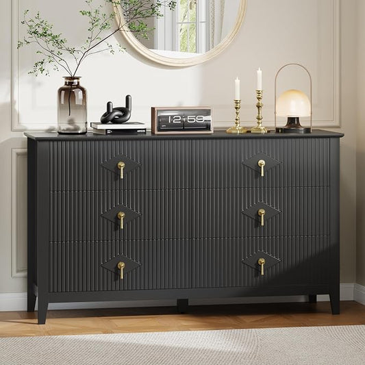 GarveeHome Fluted Dresser for Bedroom, 54 Inch Wide 6-Drawer Wood Dresser, Modern Chest of Drawers, Storage Organizer Cabinet for Living Room, Hallway, Entryway, Black