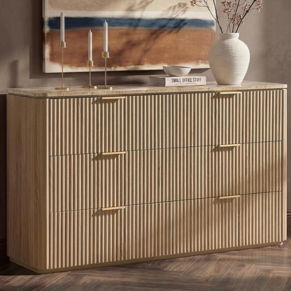 Dresser for Bedroom with 6 Drawers, 54"W Chest of Drawers, Fluted Dresser with Faux Marble Top, Curved Profile Design, Metal Handle, Wood Closet Storage Organizer for Living Room, Hallway, Natural Oak