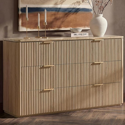 Dresser for Bedroom with 6 Drawers, 54"W Chest of Drawers, Fluted Dresser with Faux Marble Top, Curved Profile Design, Metal Handle, Wood Closet Storage Organizer for Living Room, Hallway, Natural Oak