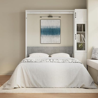 Bobve Farmhouse Murphy Bed Queen, 85" Wall Bed Folds to Save Space,Concealed Bed Frame with 1 Glass Storage Cabinet and Wall Mounted Features for Apartment/Office/Guest Room