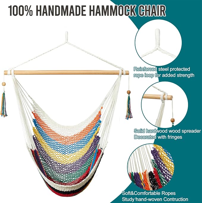 JoyView Hammock Chair with Spreader Bar Caribbean Hammock Swing Chair 300 LBS Weight Capacity XL Rope Hanging Chair for Outdoor Indoor Garden Yard - Multi Color