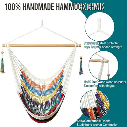 JoyView Hammock Chair with Spreader Bar Caribbean Hammock Swing Chair 300 LBS Weight Capacity XL Rope Hanging Chair for Outdoor Indoor Garden Yard - Multi Color