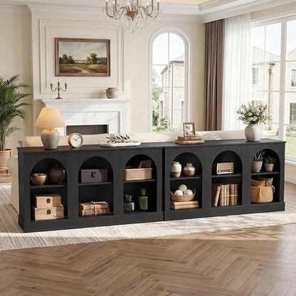 Tribesigns Farmhouse Console Table Set of 2, Extra Long Entryway Table with 3 Tier Storage, Wooden Rectangular Sofa Table Behind The Couch for Entrance, Hallway, Living Room, Black