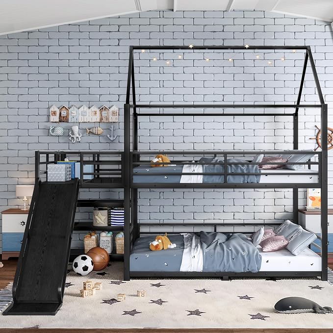 Harper & Bright Designs Floor Bunk Bed Full Over Full with Storage Stairs and Slide, Metal House Bunk Bed with Full Length Guardrails, No Box Spring Required, Noise Free, Space Saving, Black