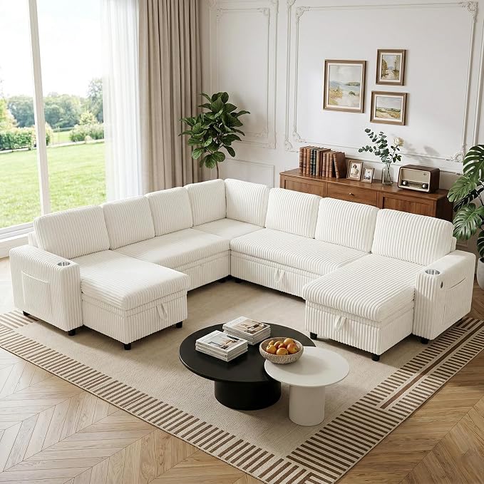 Modular Sectional Sleeper Sofa with Pull Out Bed, Plush Corduroy L Shaped Couch with Storage Chaise, USB Ports, Cup Holders, Comfy Cloud Couches for Living Room, Beige