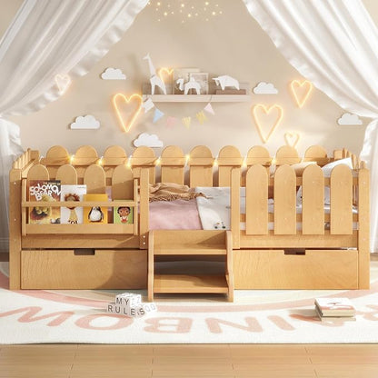 Bellemave Twin Montessori Bed with Stairs, Lights, Rails and Slats, Twin Size Montessori Floor Bed with Bookshelf and 2 Storage Drawers, Easy Assemble Beds Frame for Girls, Boys, Light Natural