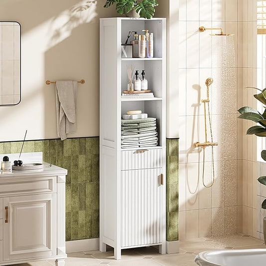 VINGLI 68" Tall Narrow Bathroom Storage Cabinet, Slim Freestanding Floor Cabinet with Fluted Door & Drawer, 12 Inch Deep Skinny Wood Organizer for Small Spaces, Kitchen & Living Room, White
