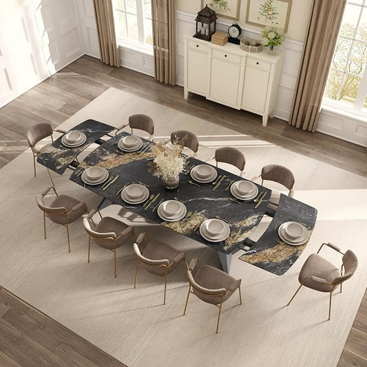 Honyee Extendable Dining Table with Leaf, 78 to 110 Inch Rectangular Sintered Stone, Modern Large Dining Room Table Seats 6 8 10 12, Metal Base, Marble Look for Family Gatherings