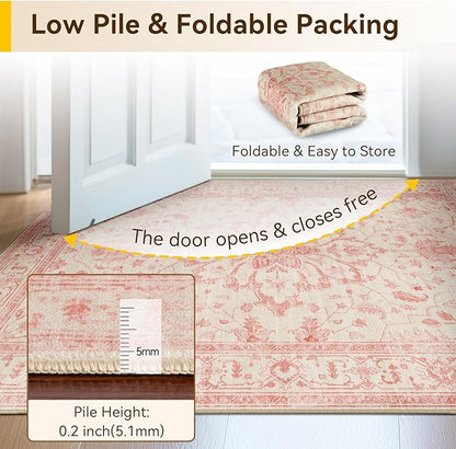 RELEANY Area Rugs 6'x9' Washable Non-Slip, Floral Vintage Distress Medallion Carpet for Living Room Bedroom Dining Room, Pink Light Vintage Pink