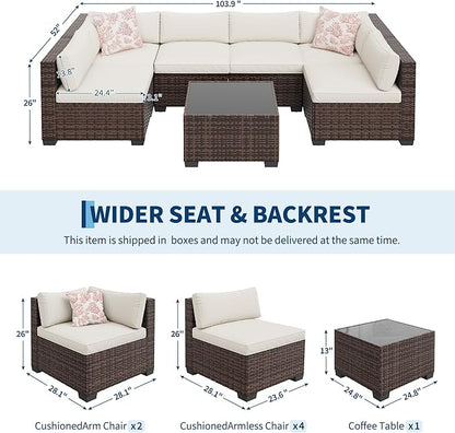 7 PCS Outdoor Sectional Furniture Set, Wicker Conversation Set Sofa, Brown | Freely combinable outdoor conversation sofa Weather resistant rattan wicker furniture Easy clean