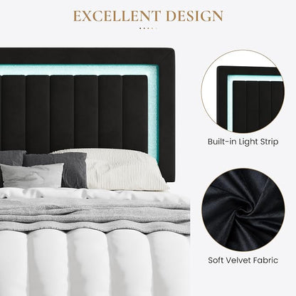 SHA CERLIN Full Size Velvet Bed Frame with LED Light, Adjustable Vertical Channel Tufted Headboard, Strong Wooden Slats Support, Noise-Free, No Box Spring Needed, Black