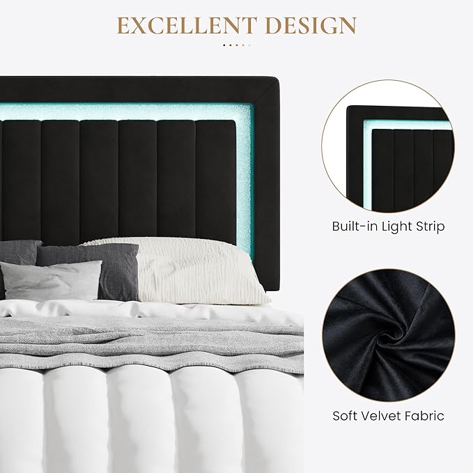 SHA CERLIN King Size Velvet Bed Frame with LED Light, Adjustable Vertical Channel Tufted Headboard, Strong Wooden Slats Support, Noise-Free, No Box Spring Needed, Black