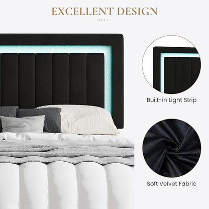 SHA CERLIN King Size Velvet Bed Frame with LED Light, Adjustable Vertical Channel Tufted Headboard, Strong Wooden Slats Support, Noise-Free, No Box Spring Needed, Black