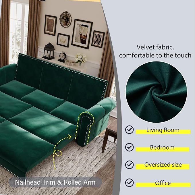 93.7" King Size Sleeper Sofa Bed, Pull Out Sofa Bed, Velvet Upholstery, 3 in 1 Convertible Sleeper Couch, Chaise Lounge, Retro Recliner for Living Room, Office, Apartment, Green