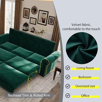 93.7" King Size Sleeper Sofa Bed, Pull Out Sofa Bed, Velvet Upholstery, 3 in 1 Convertible Sleeper Couch, Chaise Lounge, Retro Recliner for Living Room, Office, Apartment, Green