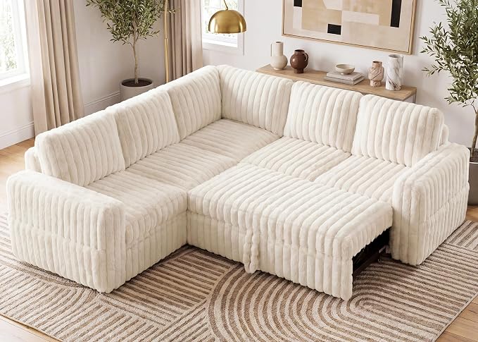 HONBAY Plush Corduroy Modular Sectional Sofa with Pull Out Bed, Convertible L Shaped Couch with Storage,Sleeper Sectional Couches for Living Room,Plush Beige