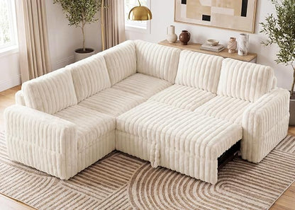 HONBAY Plush Corduroy Modular Sectional Sofa with Pull Out Bed, Convertible L Shaped Couch with Storage,Sleeper Sectional Couches for Living Room,Plush Beige