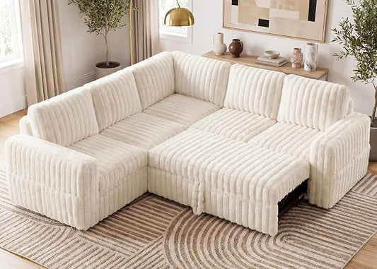HONBAY Plush Corduroy Modular Sectional Sofa with Pull Out Bed, Convertible L Shaped Couch with Storage,Sleeper Sectional Couches for Living Room,Plush Beige