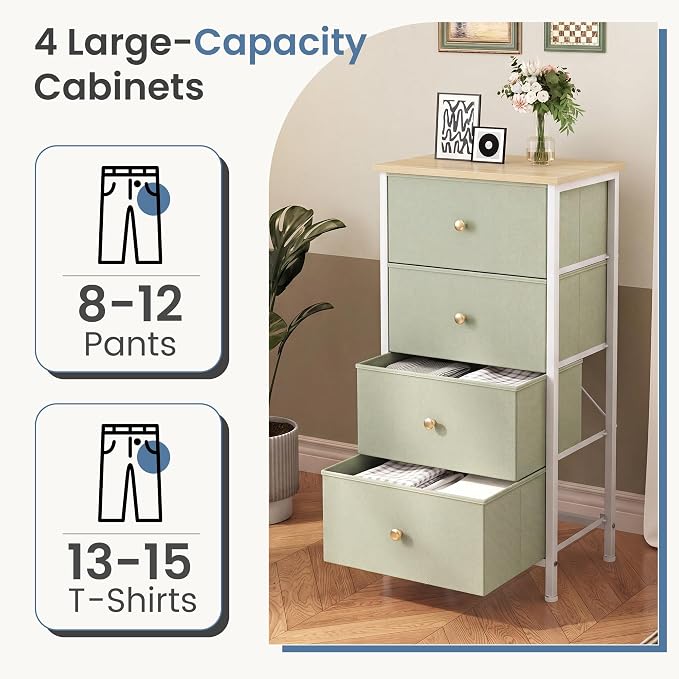 DUMOS Nightstand with 4 Drawers, Bedside Table with Removable Fabric Bins, Sturdy Steel Frame Wood Top Organizer Furniture for Bedroom Closet Living Room, Sage Green