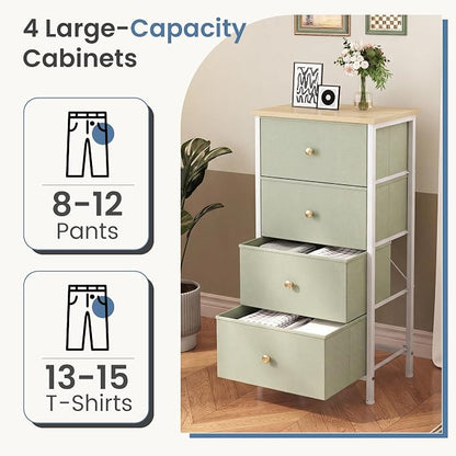 DUMOS Nightstand with 4 Drawers, Bedside Table with Removable Fabric Bins, Sturdy Steel Frame Wood Top Organizer Furniture for Bedroom Closet Living Room, Sage Green