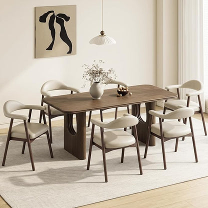 MALOL Leather Dining Chair with Armrest Set of 6, Upholstered Dining Room Chair with Curved Back and Wood Legs, Mid Century Modern Kitchen Chairs for Kitchen Dining Room,Khaki